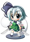  black_hairband blue_eyes blush bow chibi dress dual_wielding faux_figurine flower grey_hair hairband highres holding katana konpaku_youmu konpaku_youmu_(ghost) shinjitsu short_hair silver_hair smile solo sword touhou weapon 