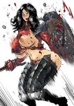  1girl armor black_hair blood bouncing_breasts breasts butcherboy fiona fiona_(mabinogi) huge_breasts mabinogi mabinogi_heroes nipples shield sword torn_clothes torn_clothing warrior weapon 