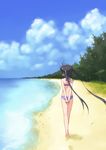  arms_behind_back barefoot beach bikini black_hair blue_sky cloud day errant from_behind k-on! long_hair nakano_azusa ocean outdoors sand sky solo swimsuit tree twintails walking 