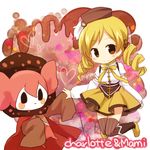  blonde_hair blush_stickers charlotte_(madoka_magica) chibi drill_hair hat high_five holding_hands magical_girl mahou_shoujo_madoka_magica pink_hair smile striped striped_legwear thighhighs tomoe_mami twin_drills twintails yamabuki_(yusuraume) yellow_eyes 