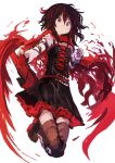  1girl absurdres belt black_belt black_skirt bob_cut cloak commentary_request cross-laced_clothes full_body grin hair_between_eyes highres holding kaamin_(mariarose753) legs_together looking_at_viewer loose_belt medium_hair red red_cloak ruby_rose rwby sideways_mouth simple_background skirt smile solo thighhighs white_background 