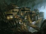  bad_pixiv_id bridge building castle cave crane ddal minecart no_humans original railroad_tracks scaffolding scenery skeleton torch underground 