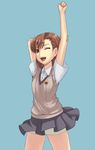  :d arms_up bad_id bad_pixiv_id brown_eyes brown_hair chiko_(kanhogo) cowboy_shot misaka_mikoto one_eye_closed open_mouth school_uniform shorts skirt smile solo stretch to_aru_kagaku_no_railgun to_aru_majutsu_no_index uniform 