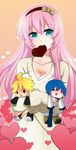  character_doll doll doll_hug hairband heart highres kagamine_len kaito long_hair megurine_luka mouth_hold pink_hair rio_(usagiya) solo vocaloid 