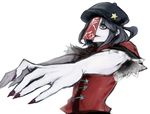  amagaya_(rat-tat-tat) bad_id bad_pixiv_id black_eyes black_hair fang fingernails foreshortening hat jiangshi miyako_yoshika nail_polish ofuda outstretched_arms short_hair simple_background solo star touhou upper_body zombie_pose 