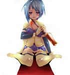  bad_feet blood blue_eyes blue_hair cape decapitation magical_girl mahou_shoujo_madoka_magica miki_sayaka self-mutilation short_hair skirt solo sword tears weapon 