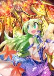  :d absurdres autumn bad_id bad_pixiv_id breasts detached_sleeves frog givuchoko gohei green_eyes green_hair hair_ornament highres kochiya_sanae leaf long_hair medium_breasts open_mouth scenery shade smile snake solo touhou tree 