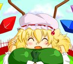  2girls ^o^ breast_pillow breasts cheek_squash closed_eyes fang flandre_scarlet hand_on_head hat hong_meiling jewelry large_breasts multiple_girls open_mouth osatou pov smile touhou wings 