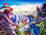  bad_id bad_pixiv_id blue_hair capelet cloud dress food food_themed_clothes frills fruit grass hat hat_ribbon highres hinanawi_tenshi keystone long_hair mountain multiple_girls nagae_iku peach purple_hair ramble12 red_eyes ribbon rock rope scarf scenery shide shimenawa short_hair sky sword sword_of_hisou touhou very_long_hair weapon 