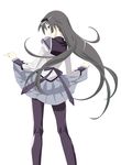  absurdres akemi_homura azuyun back bakemonogatari black_eyes black_hair black_hairband derivative_work frown grey_skirt hairband highres kneepits long_hair looking_back magical_girl mahou_shoujo_madoka_magica monogatari_(series) pantyhose parody ribbon saitou_chiwa school_uniform seiyuu_connection senjougahara_hitagi senjougahara_pose skirt skirt_lift solo 