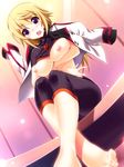  barefoot blonde_hair blurry blush bodysuit breasts charlotte_dunois crossed_legs depth_of_field dutch_angle feet foreshortening from_below highres infinite_stratos jacket_on_shoulders large_breasts long_hair long_legs motion_blur nipples open_mouth pilot_suit purple_eyes rakujin shirt_lift sitting solo 