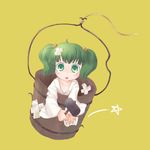  bandages bandaid bucket child flat_chest futaki_nia green_eyes green_hair hair_bobbles hair_ornament hammer in_bucket in_container kisume open_clothes open_mouth repairing simple_background solo star staring touhou twintails wide-eyed 
