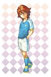  bad_id bad_pixiv_id green_eyes hand_in_pocket inazuma_eleven inazuma_eleven_(series) kiyama_hiroto kokutan_kitsunen male_focus raglan_sleeves red_hair shoes smile sneakers soccer_uniform socks solo sportswear 