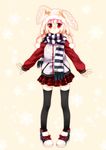  :&lt; animal_ears bad_id bad_pixiv_id beanie black_legwear bunny_ears ech gradient_hair hat highres multicolored_hair original outstretched_arms pigeon-toed plaid plaid_skirt red_eyes scarf short_hair simple_background skirt snowflakes solo spread_arms standing striped striped_scarf sweater thighhighs two-tone_hair zettai_ryouiki 