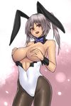  animal_ears breasts breasts_outside bunny_ears bunny_girl bunnysuit copyright_request covering covering_breasts grey_hair highres houtengeki large_breasts open_clothes pantyhose ponytail red_eyes solo 