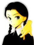  addams_family black_hair braid green_eyes hands otoyuki simple_background thing_(addams_family) twin_braids wednesday_addams 