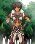  abs belt blue_eyes brown_hair forest headband male male_focus midriff muscle nature outdoors solo standing thisarmor 