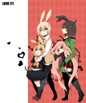  2boys 2girls animal_ears annoyed black_hair blonde_hair blue_eyes blush bunny bunny_ears carrying child frown glasses green_eyes hair_ornament hairclip long_hair multiple_boys multiple_girls open_mouth original personification pink_eyes pink_hair purple_eyes satsushi school_uniform serafuku short_hair very_long_hair 