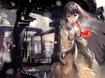  black_eyes black_hair breath coat gloves long_hair original overpass pomodorosa red_scarf scarf snow solo wind winter winter_clothes 