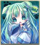  animal_ears bad_id bad_pixiv_id blush_stickers chibi colored_pencil_(medium) dog_ears dog_tail frog green_eyes green_hair ink_(medium) kagami_leo kemonomimi_mode kochiya_sanae long_hair marker_(medium) oversized_clothes shikishi sleeves_past_fingers sleeves_past_wrists snake solo tail touhou traditional_media woof younger 