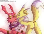  all_fours amber_eyes bent_over blue_eyes blush breasts butt canine digimon female fox guilmon male panties penis pussy renamon straight tail underwear yellow yuski 