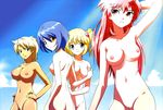  4girls blonde_hair blue_eyes blue_hair braests breasts dancouga_nova hidaka_aoi highres megami multiple_girls nipples nude nude_filter photoshop pussy red_eyes red_hair red_hairriruri_ruu riruri_ruu scan tachibana_kurara uncensored yellow_eyes zenra 