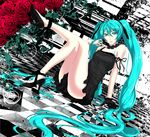  aqua_eyes aqua_hair bad_id bad_pixiv_id banned_artist bare_shoulders checkered checkered_floor choker crossed_legs dress flower gloves hatsune_miku high_heels legs long_hair red_flower red_rose rose s_tanly shoes single_glove sitting solo twintails very_long_hair vocaloid 