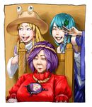  aqua_hair blonde_hair blue_eyes detached_sleeves face frog green_eyes grin hair_ornament hair_tubes hat kochiya_sanae long_hair moriya_suwako multiple_girls old one_eye_closed purple_eyes purple_hair realistic short_hair smile snake takami_masahiro tongue tongue_out touhou v yasaka_kanako 