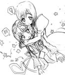  blush estellise_sidos_heurassein fingerless_gloves gloves goggles goggles_on_head greyscale heart hug lowres monochrome multiple_girls open_mouth rita_mordio short_hair sketch smile tales_of_(series) tales_of_vesperia white_background yukito_mayumi 