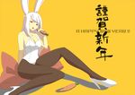  animal_ears breasts brown_legwear bunny_ears bunnysuit carrot cleavage high_heels large_breasts leotard long_hair original pantyhose pillow red_eyes saliva saliva_trail sharekoube sitting solo white_hair yellow_background 