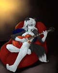  black_nails black_nose breasts canine cute darkduck64 different_color_hair dog electric_guitar faint female guitar janice music nipples nude playing_instrument sitting_in_cushion sofa solo 