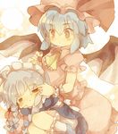  =_= bad_id bad_pixiv_id bat_wings blue_dress blue_hair blush braid chibi closed_eyes dress hand_in_hair hat izayoi_sakuya maid masirosu multiple_girls pink_dress red_eyes remilia_scarlet silver_hair sleeping touhou twin_braids wings 