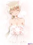  bare_shoulders bouquet braid breasts brown_hair cleavage closed_eyes dr_rex dress flower jewelry large_breasts long_hair lynette_bishop necklace single_braid solo strike_witches wedding_dress world_witches_series 