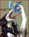  arms_up blue_eyes blue_skin claws couple dragon drool drooling fangs female feral fur furry gaping_maw green_eyes hida imminent_vore lips long_tongue male maw multicolored_hair open_mouth rain_silves saliva scalie scar sergal size_difference tail teeth tongue trancy_mick vore wings 