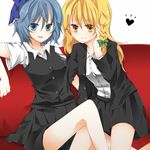  bad_id bad_pixiv_id blonde_hair blue_eyes blue_hair bow braid buttons cirno couch hair_bow hair_ornament heart hyouka_(rat_hut) kirisame_marisa long_hair multiple_girls no_wings open_mouth short_hair simple_background sitting skirt smile teenage touhou white_background yellow_eyes 