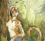  feline female jungle meradragon solo topless tree watercolour 