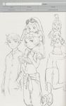  2girls alvis_hamilton claus_valca concept_art greyscale highres last_exile lavie_head monochrome multiple_girls murata_renji pants sketch time_paradox 