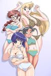  4girls ai_yori_aoshi armpits arms_up bare_shoulders bikini black_eyes black_hair blonde_hair blue_eyes blue_hair bottomless braid breast_hold breasts brown_eyes brown_hair cleavage flat_chest glasses green_eyes grey_eyes grey_hair happy highres large_breasts legs leopard_print long_hair looking_at_viewer minazuki_chika minazuki_taeko multiple_girls navel open_mouth sakuraba_aoi shadow short_hair simple_background smile standing swimsuit tan tanline thighs tina_foster twintails wince 