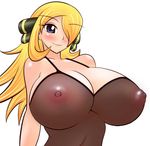  1girl areola areolae artist_request blonde_hair blue_eyes blush breasts cleavage erect_nipples hair_ornament hair_over_one_eye halubato harubato huge_breasts lingerie long_hair nintendo nipples pokemon see-through shirona_(pokemon) smile solo underwear 