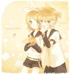  1girl bad_id bad_pixiv_id beamed_eighth_notes blonde_hair brother_and_sister green_eyes hair_ribbon hand_to_own_mouth headphones kagamine_len kagamine_rin midriff mikanniro musical_note ribbon siblings twins vocaloid whispering 