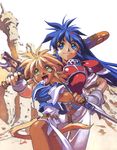  90s animal_ears armor blonde_hair blue_eyes blue_hair cape cat_ears cover dark_skin fam fang fingerless_gloves gloves green_eyes hand_on_hip hikyou_tanken_fam_&amp;_ihrie ihrie loincloth long_hair multiple_girls official_art open_mouth outdoors pauldrons pointy_ears ruins smile staff sword tail tan tanaka_kunihiko traditional_media weapon wrist_cuffs 