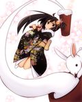  alternate_hairstyle amano_kouki black_hair bunny flower food foreshortening hair_flower hair_ornament hammer highres japanese_clothes jumping kimono kine long_hair mallet mochi mochitsuki note-chan original pink_eyes pinky_out smile solo wagashi 