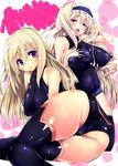  ass bad_id bad_pixiv_id black_legwear blonde_hair blush bodysuit breasts cecilia_alcott charlotte_dunois cum hairband infinite_stratos large_breasts multiple_girls noto_kurumi open_mouth pilot_suit purple_eyes thighhighs 