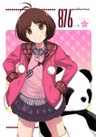  ahoge bad_id bad_pixiv_id bear brown_eyes brown_hair casual hands_in_pockets hidaka_ai idolmaster idolmaster_dearly_stars jacket onion_(lemlaml) panda short_hair skirt smile solo 