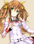  bad_id bad_pixiv_id bare_shoulders brown_hair detached_sleeves green_eyes haine hair_ribbon highres huang_lingyin infinite_stratos long_hair ribbon simple_background smile solo twintails 