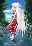  1girl bad_id bad_pixiv_id bow day from_behind fujiwara_no_mokou hair_bow hands_in_pockets long_hair looking_back nature pants red_eyes river shoes silver_hair sky solo suspenders touhou very_long_hair walking white_hair 