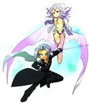  alternate_costume black_gloves blue_eyes cloak cloud_of_darkness dissidia_final_fantasy elbow_gloves female final_fantasy final_fantasy_iii final_fantasy_vii gloves long_hair lowres male masu midriff pasties red_eyes sephiroth silver_hair sword trench_coat trenchcoat weapon 