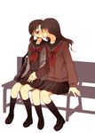  bench blush brown_hair cardigan commentary_request hachiko_(hati12) hand_on_hand kiss kneehighs loafers multiple_girls original school_uniform serafuku shoes shy sitting yuri 