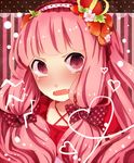  bad_id bad_pixiv_id bow embarrassed fangs food food_themed_hair_ornament fruit hair_bow hair_ornament hairband heart kurone_roku long_hair open_mouth original pink pink_hair red_eyes solo strawberry strawberry_hair_ornament striped striped_background tears twintails 
