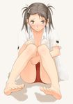  artist_request barefoot blush brown_eyes brown_hair copyright_request face feet frown open_clothes open_shirt shirt simple_background sitting solo toes 